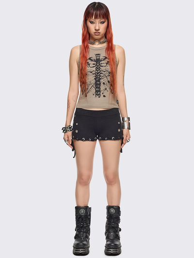 Stone tank top with black skeleton graphic front print and eyelet trim details.