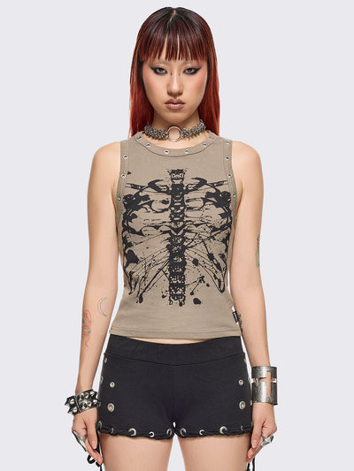 Stone tank top with black skeleton graphic front print and eyelet trim details.