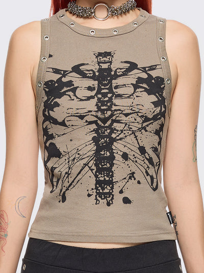 Stone tank top with black skeleton graphic front print and eyelet trim details.