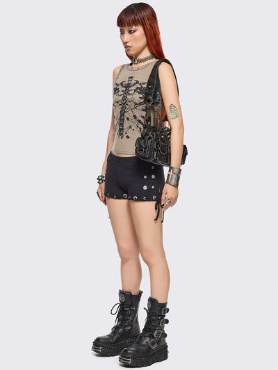 Stone tank top with black skeleton graphic front print and eyelet trim details.