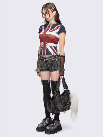 Red and blue graphic baby tee with UK flag print featuring stud details.