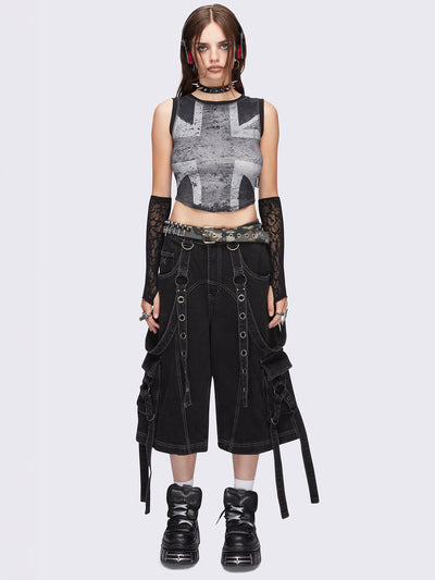 Union jack tank top in black and grey featuring a cropped length.