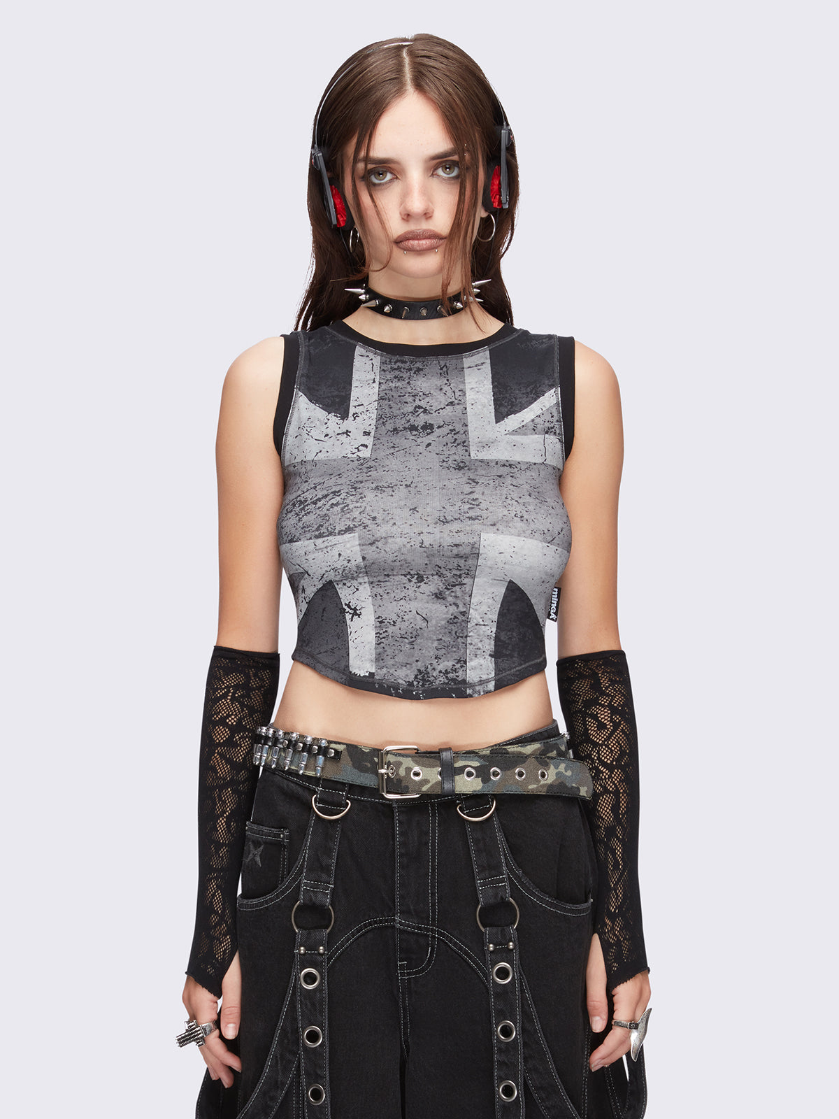 Union jack tank top in black and grey featuring a cropped length.