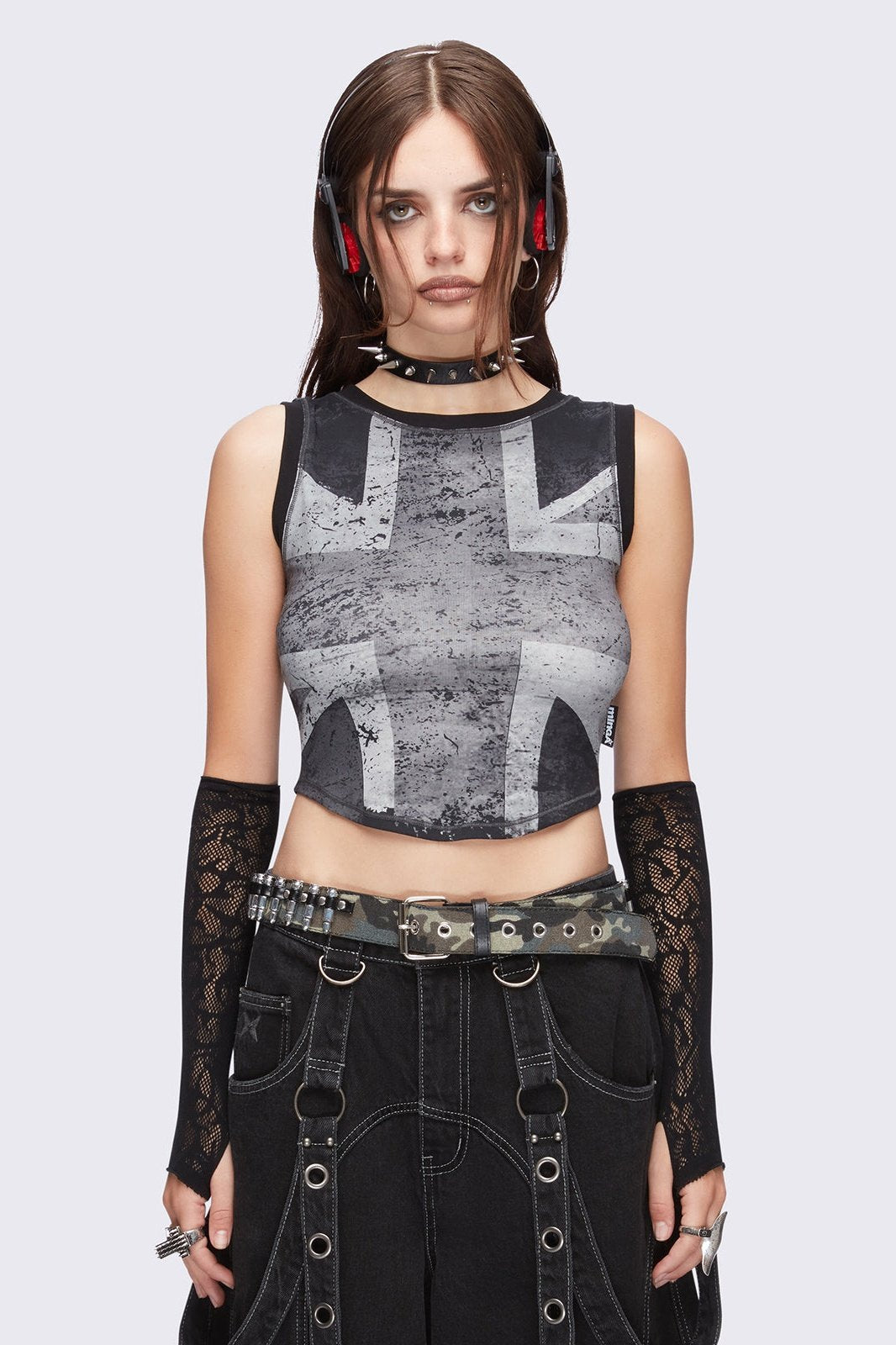 Union jack tank top in black and grey featuring a cropped length.