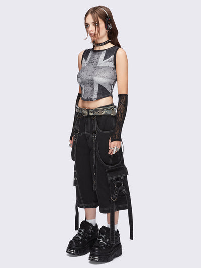 Union jack tank top in black and grey featuring a cropped length.