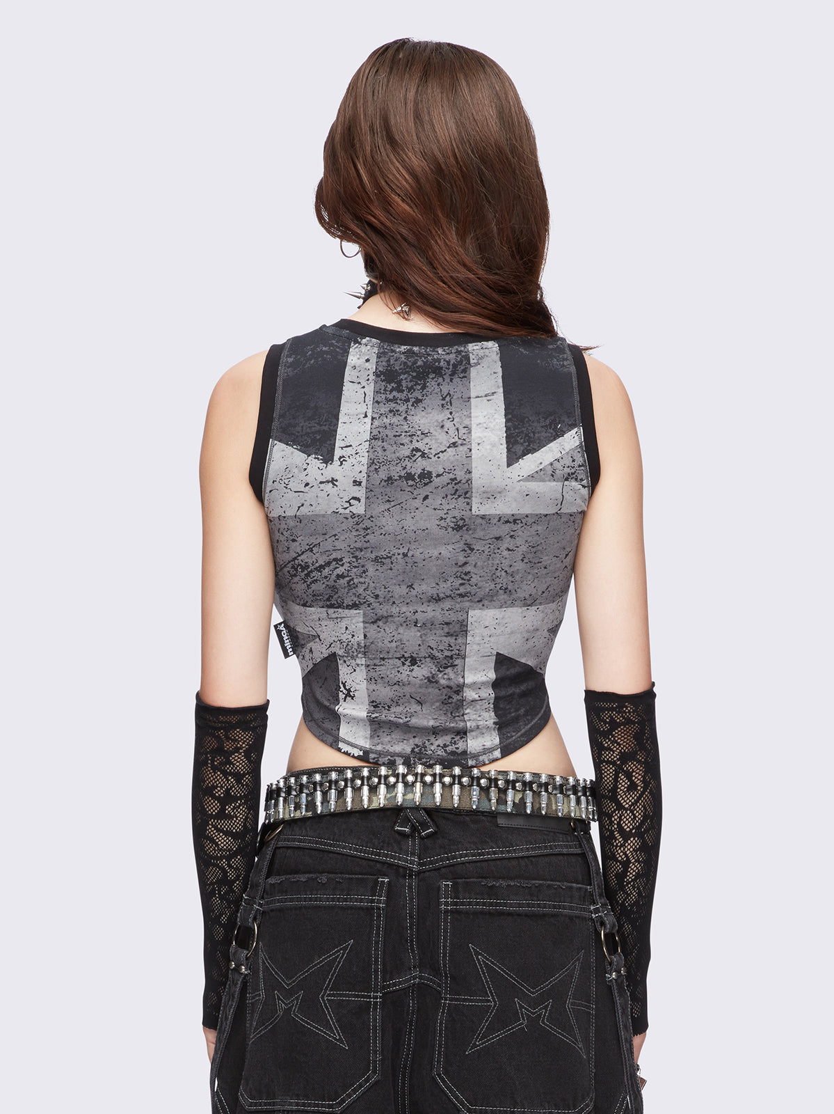 Union jack tank top in black and grey featuring a cropped length.