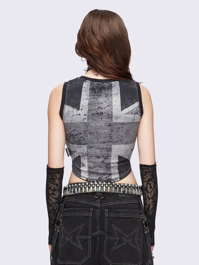 Union jack tank top in black and grey featuring a cropped length.
