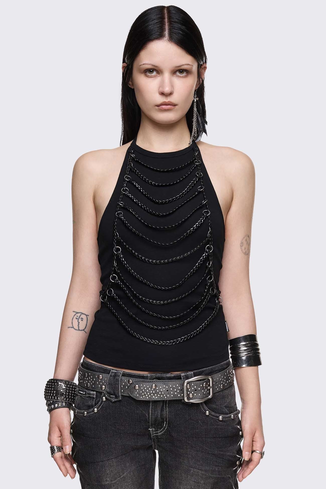Black cotton halter top with braided cord drape and O-ring details, slim-fit grunge style.