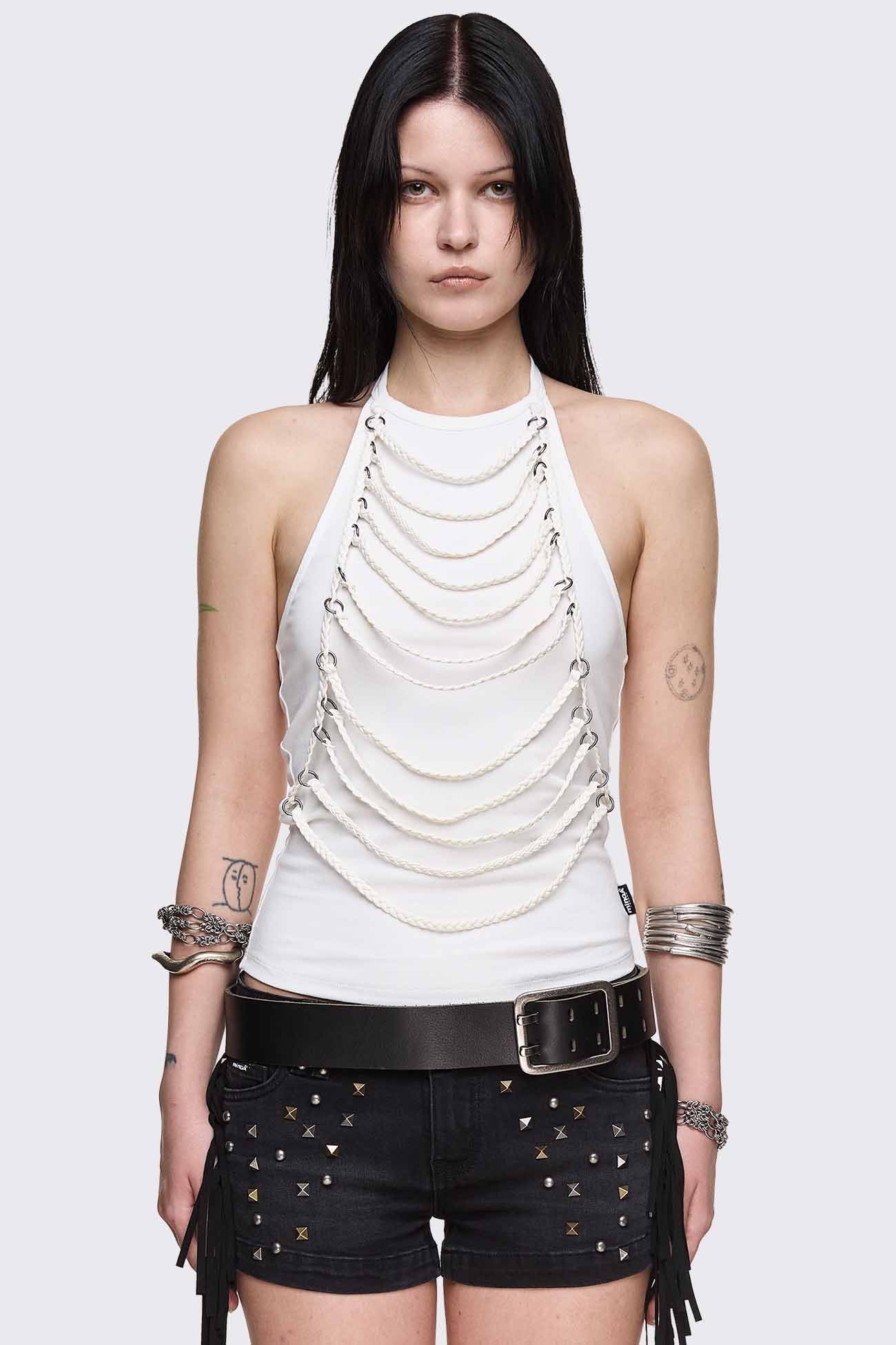White cotton halter tank top with braided cord drape and O-ring details, slim fit in a grunge Y2K style.