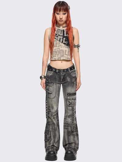 Beige and black patchwork tank top with grunge graphic front print in contrast featuring safety pin details and black contrast stitching.