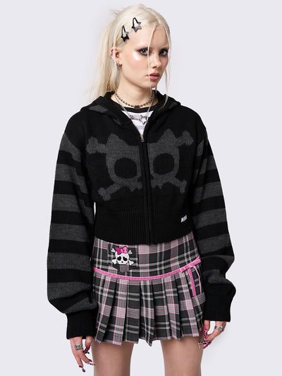 Whiskered Skull Cropped Knit Zip Up Hoodie