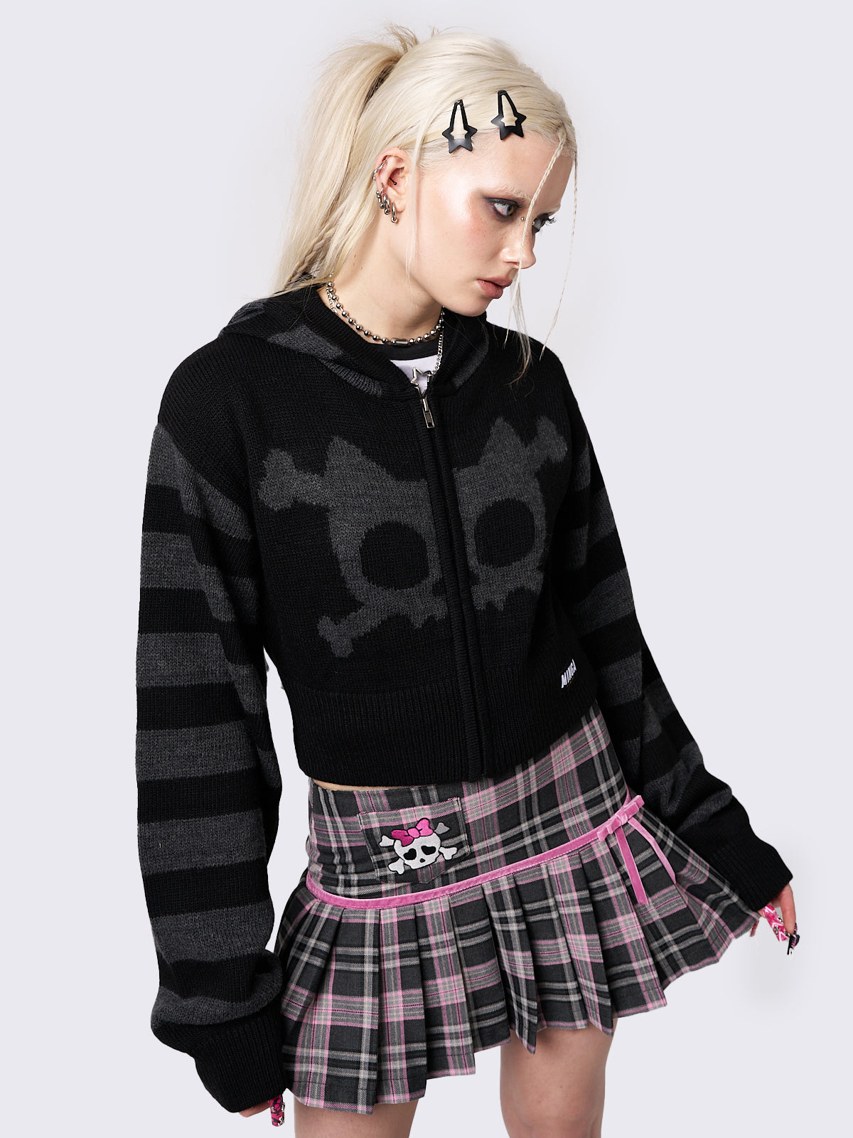 Whiskered Skull Cropped Knit Zip Up Hoodie