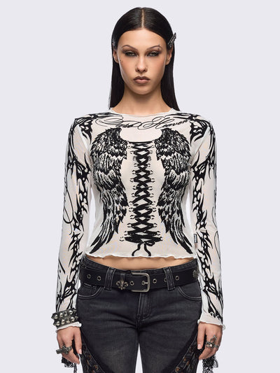 White mesh top with black winged corset and sigilism graphic print.