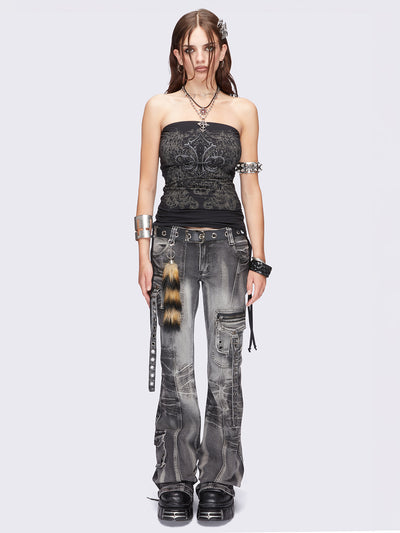 Black bandeau tube top with grunge graphic print, stud details and ruched tie side detail.