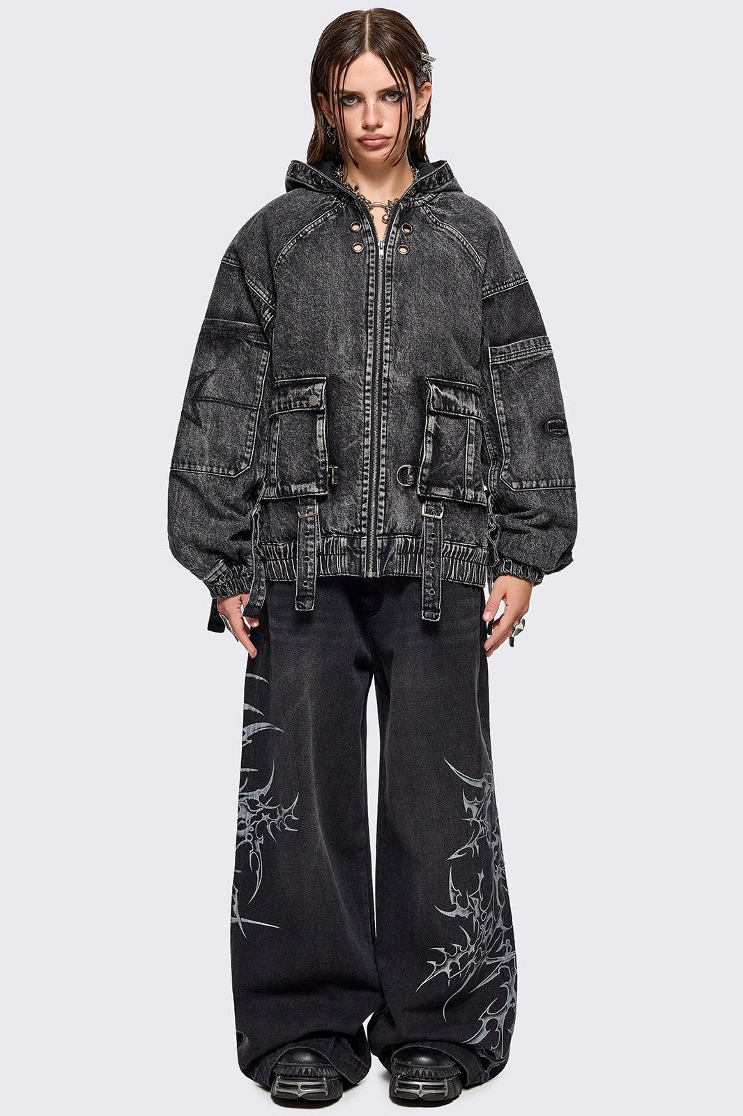 Denim Hood Bomber Jacket in Acid Black Wash | Minga London – Minga