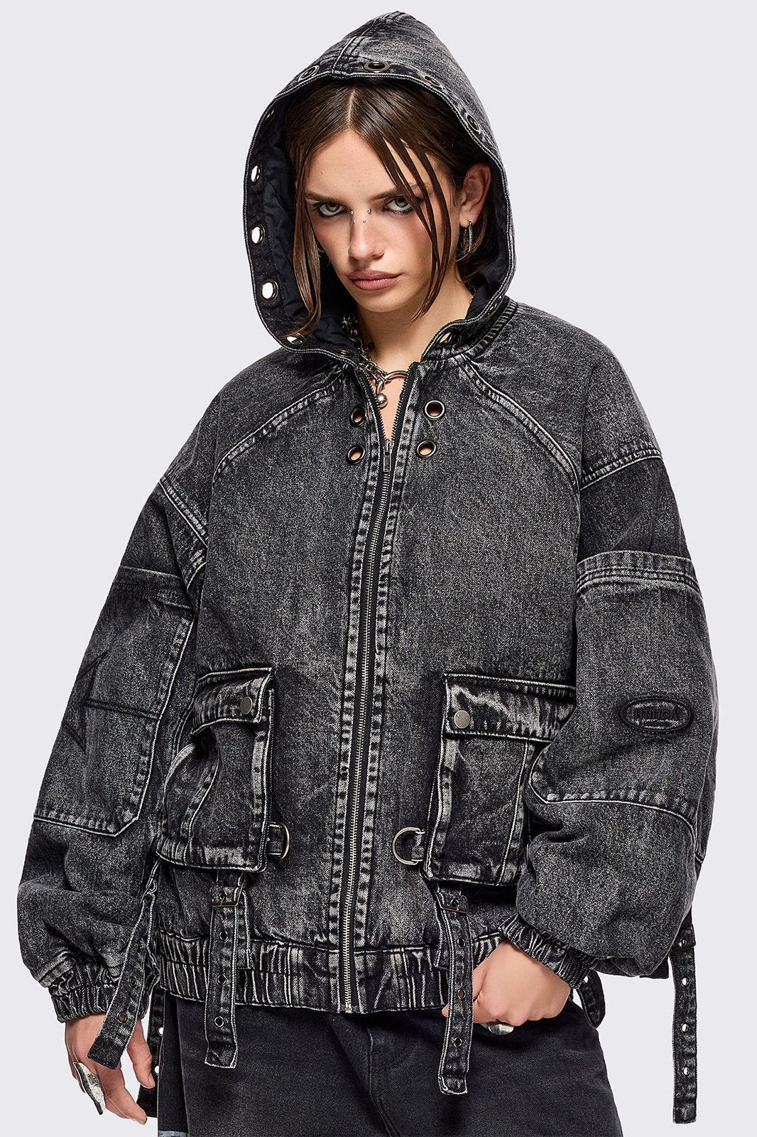 ジャケット・アウター sugamochanTHETOE Buckingham Jacket Denim Hood Bomber Jacket in Acid Black Wash | Minga London – Minga