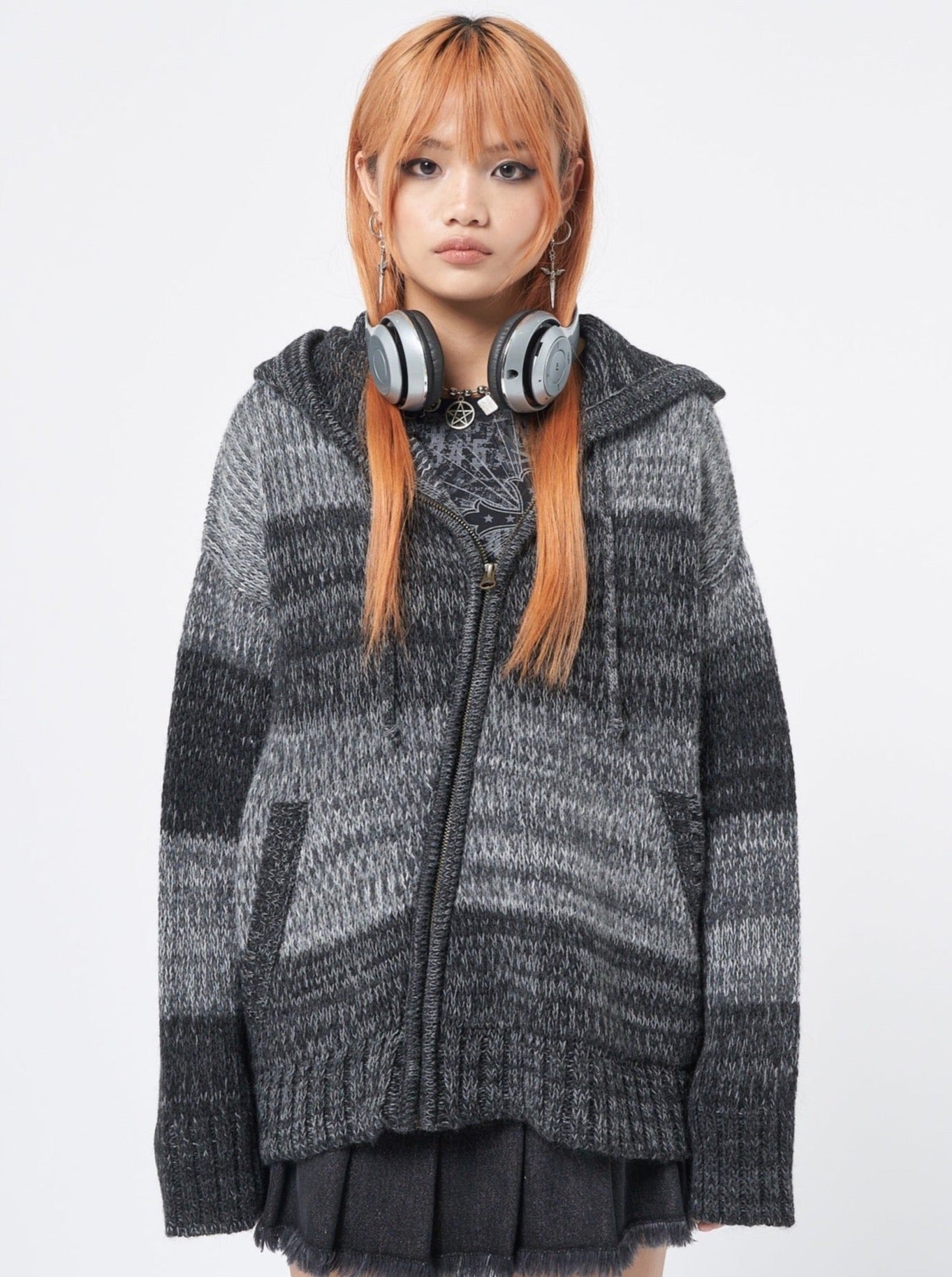 Asymmetric zip up hood knit cardigan in black and grey