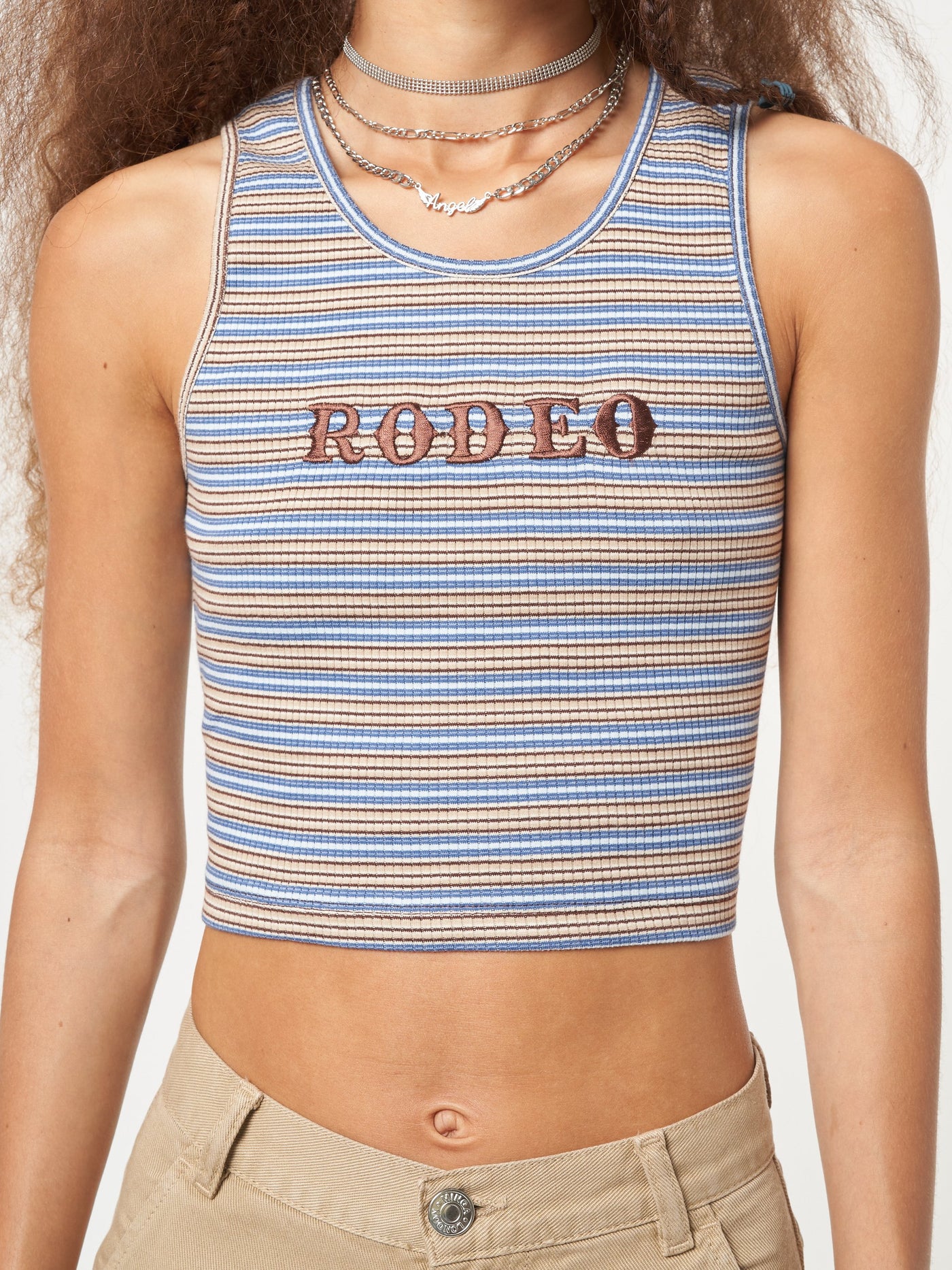 Ribbed vest top in blue, beige and brown stripes with rodeo chest embroidery