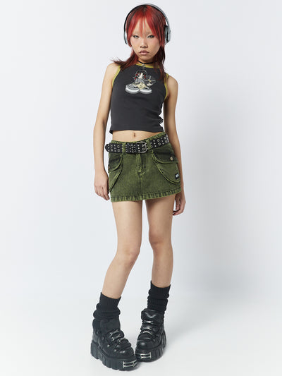 A ringer vest top featuring a skater girl print by Minga London. This top showcases a cool and casual skater-inspired style, perfect for adding a laid-back and trendy vibe to your outfit.