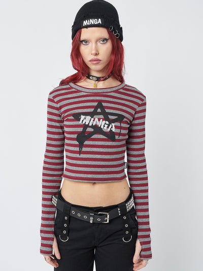 A trendy and stylish long-sleeved striped rib top in shades of grey and red, featuring star sign-inspired design.