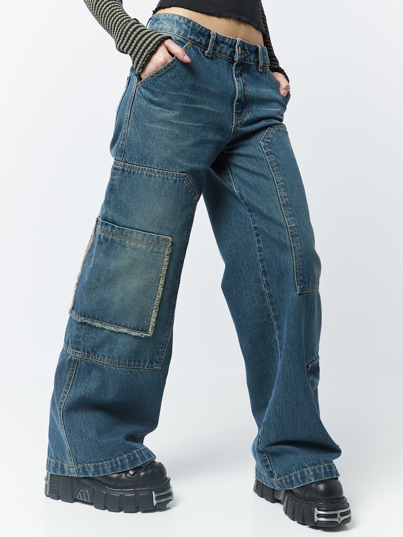 Track Blue Multi Pocket Overdye Cargo Jeans - Minga London – Minga ...