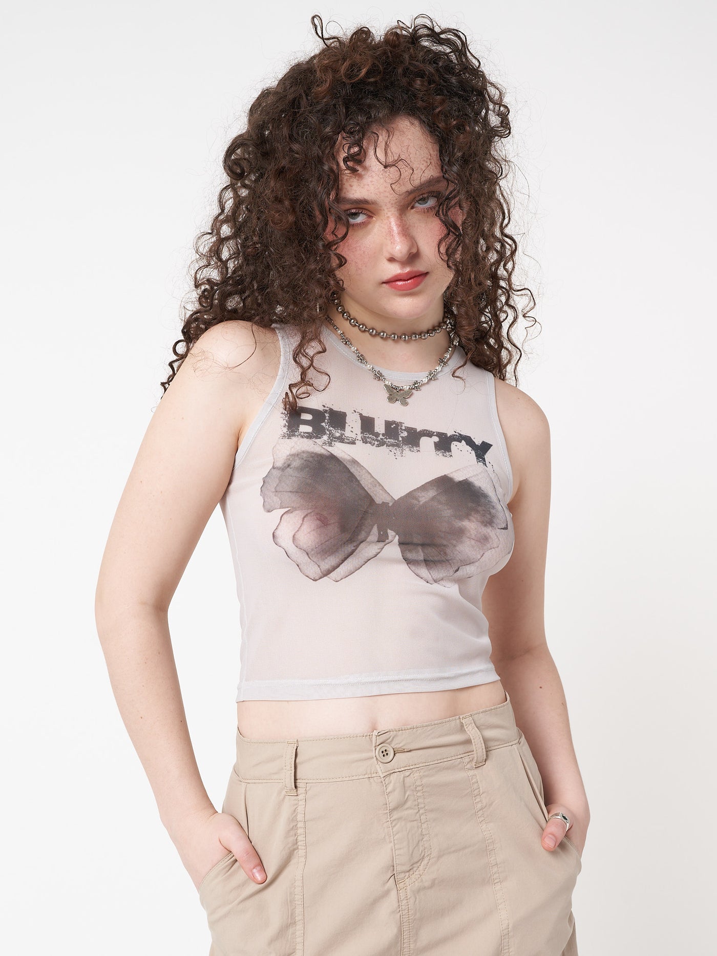 Mesh vest top in off white with blurry butterfly front print