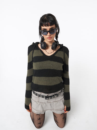 Striped hooded knit jumper for woman