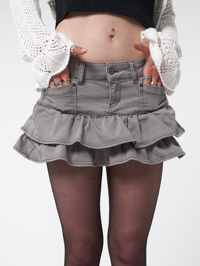Y2k mini denim skirt in vintage light grey wash with double ruffled hemline