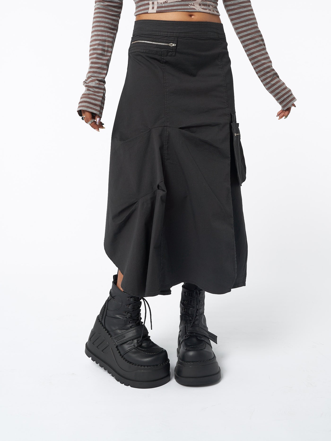 Maxi tech cargo skirt in black with asymmetric style, zip details and front hanging pocket
