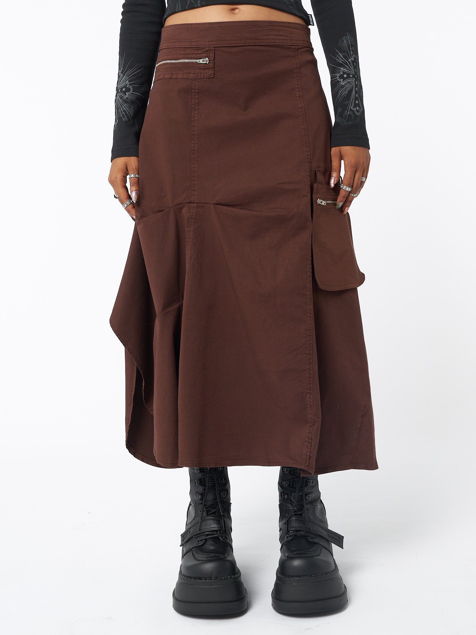 Maxi tech cargo skirt in brown with asymmetric style, zip details and front hanging pocket