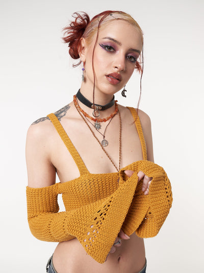 Knitted crop top in golden yellow with flared long sleeves