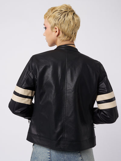 Black vegan racer jacket by Minga London. Regular fit with snap button collar, zipped cuffs and pockets. Edgy and cruelty-free.