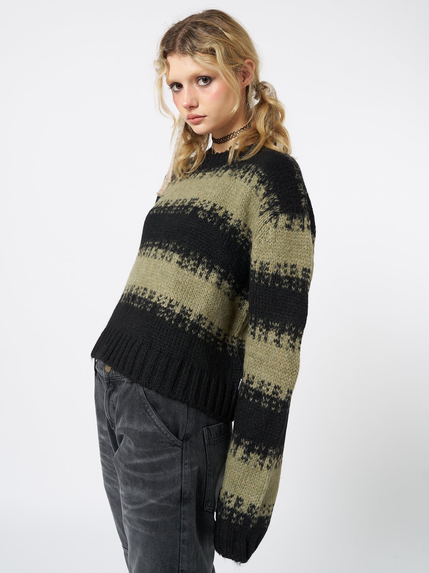 Clara Green Cropped Striped Knit Sweater - Minga EU