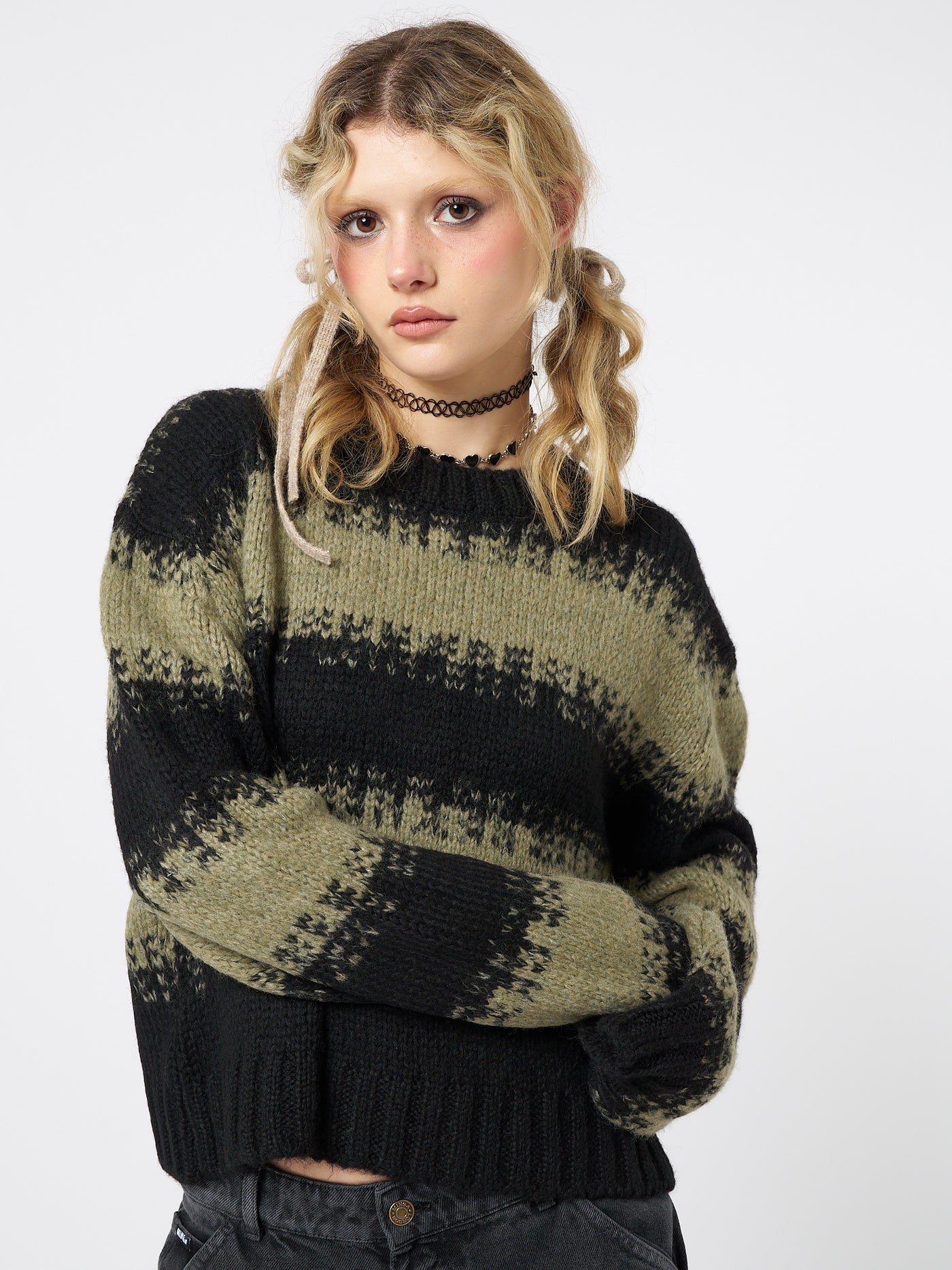 Clara Green Cropped Striped Knit Sweater - Minga EU