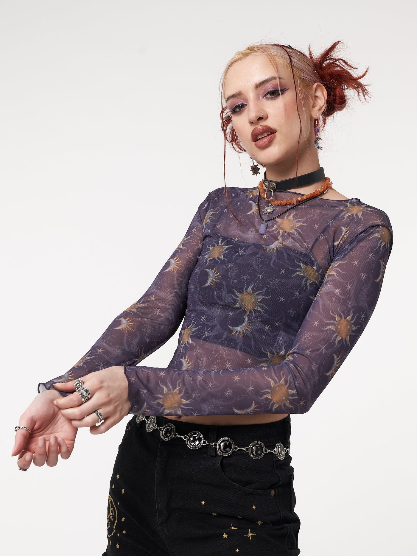 Printed mesh crop top in purple with all over Sun and Moon print