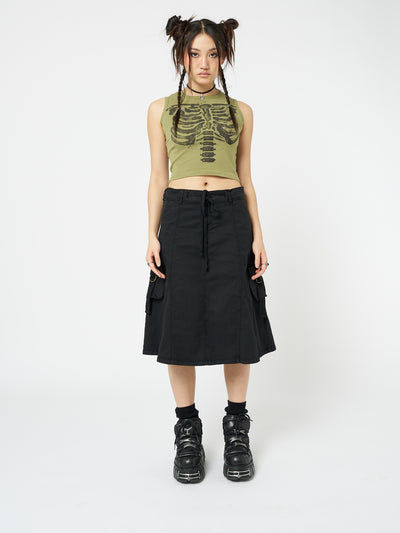 Black cargo midi skirt named Fae by Minga London, showcasing a utilitarian-inspired design for a trendy and versatile addition to your wardrobe.