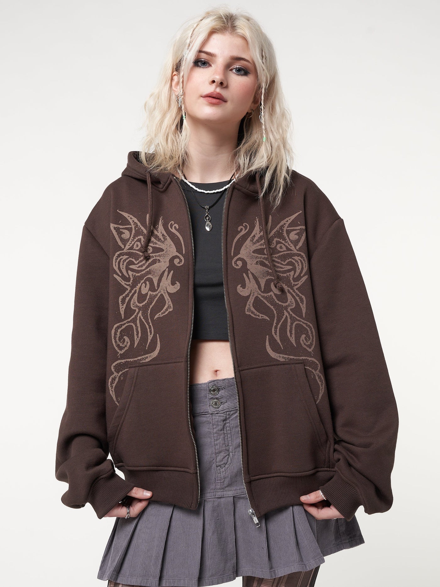 Zip up hoodie jacket in dark brown with fairy wings front print