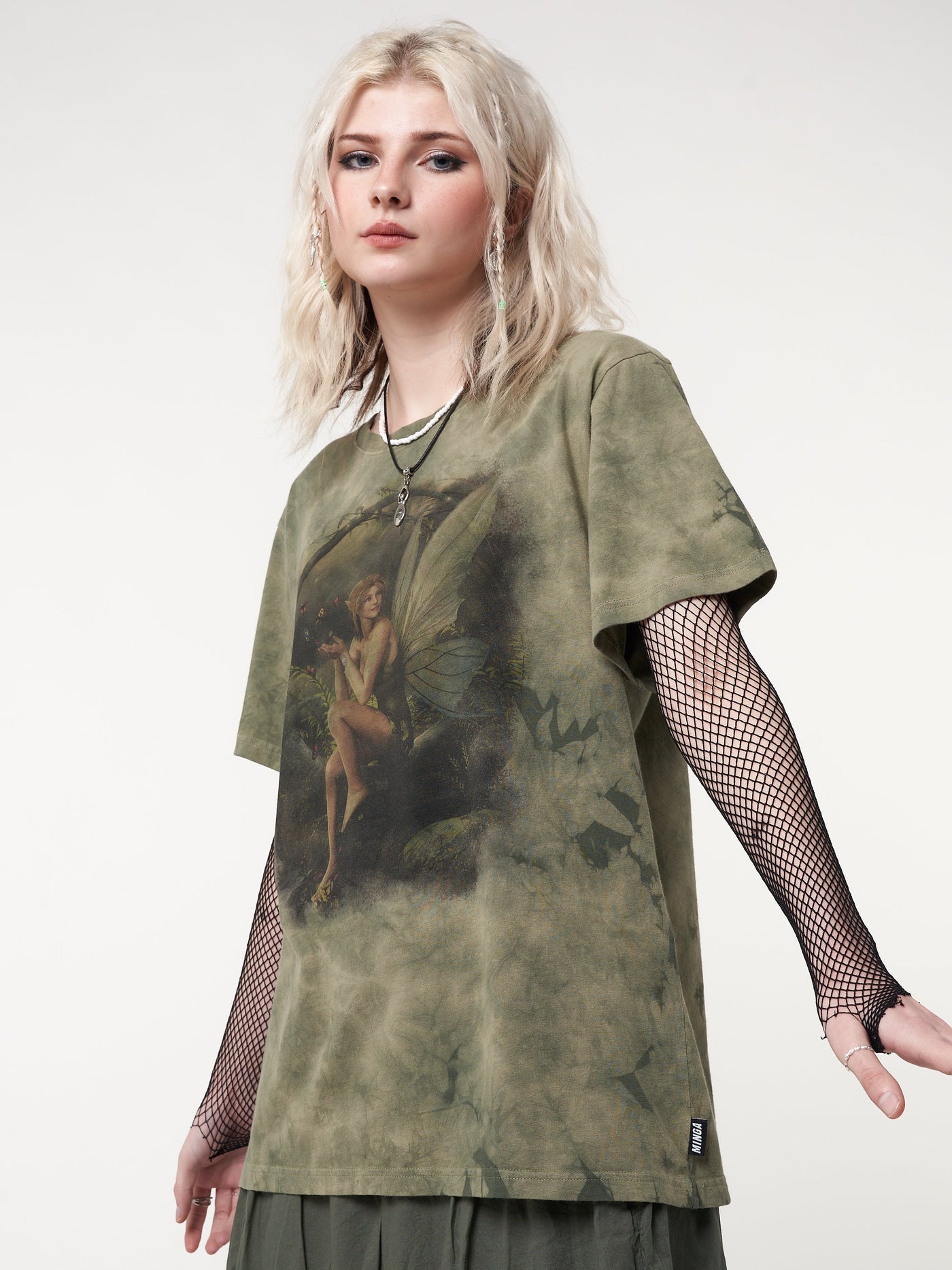 Tie dye t-shirt in olive green with forest fairy front print
