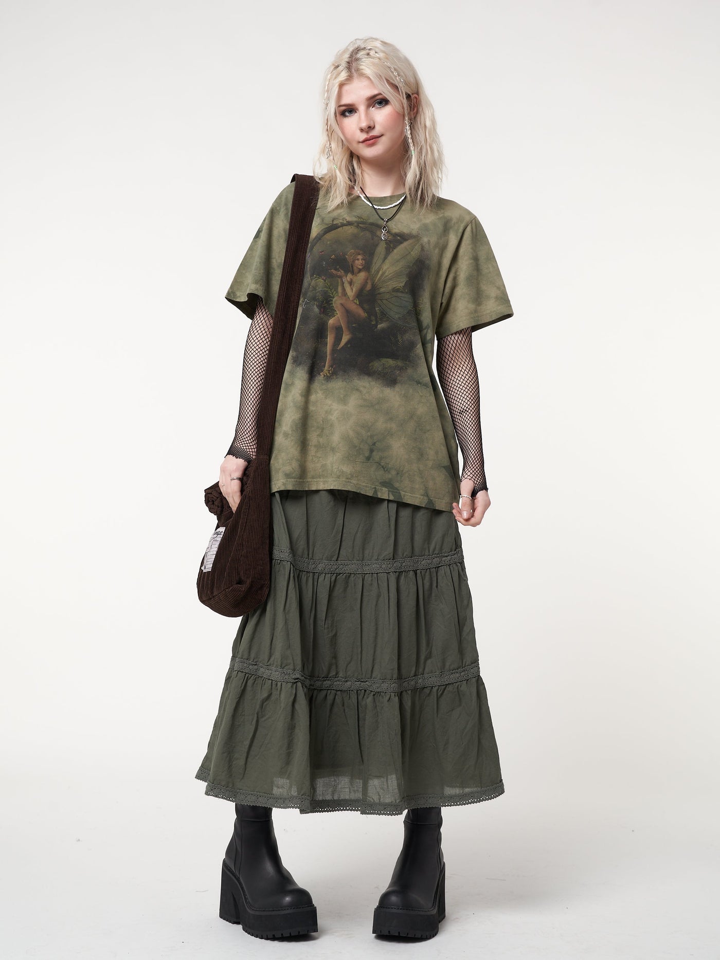 Tie dye t-shirt in olive green with forest fairy front print