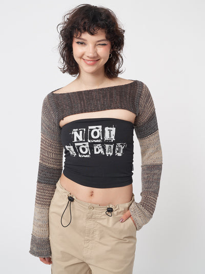 Fusion Brown Patchwork Knitted Shrug - Minga EU