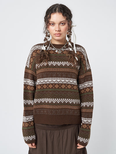 A cozy and nostalgic jacquard knit jumper with a vintage-inspired design, perfect for embracing that comforting grandma aesthetic.