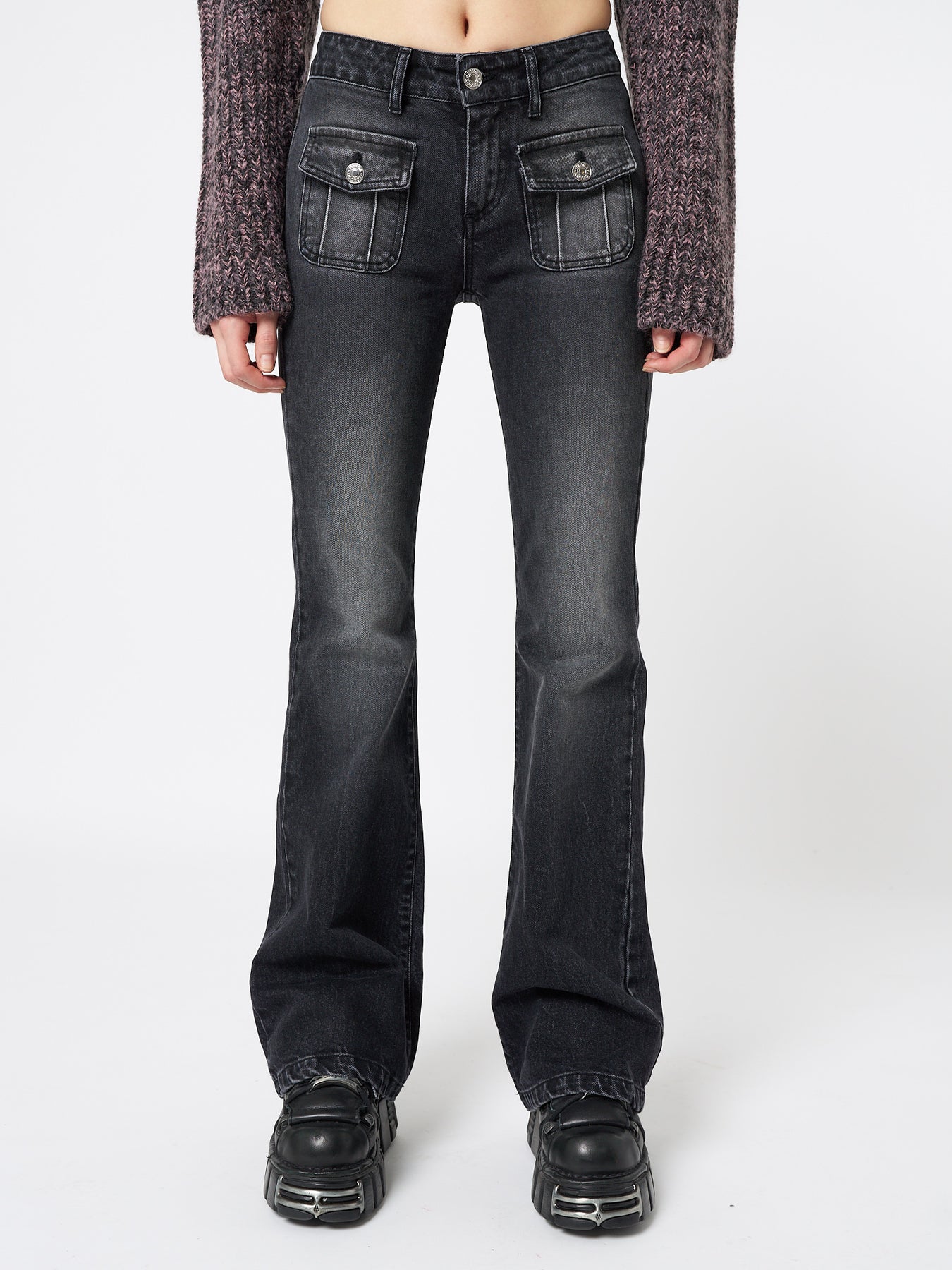 Jade Black Front Pocket Y2k Flare Jeans | Minga London
