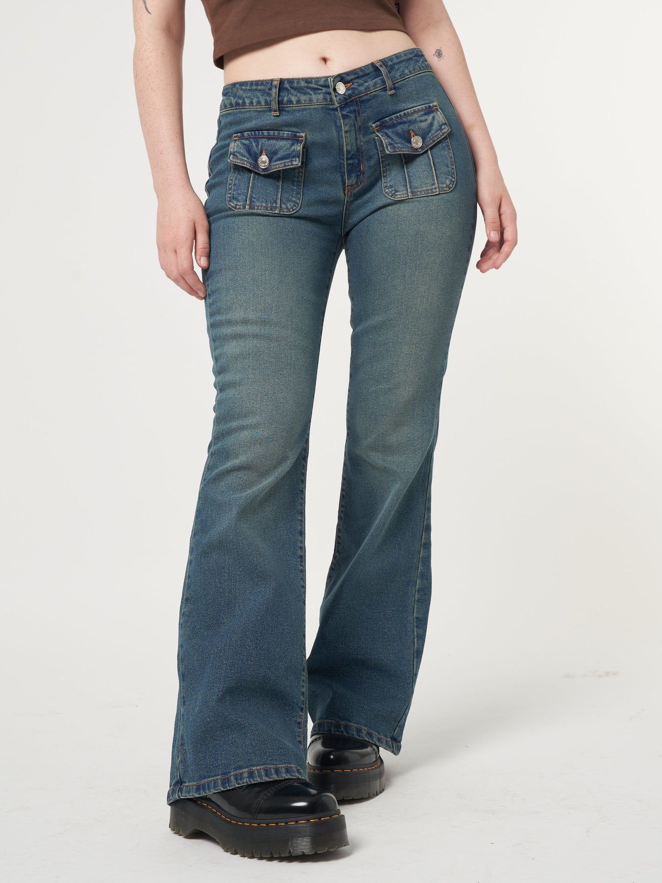 Jade Overdye Front Pocket Y2k Low Rise Flare Jeans | Minga London