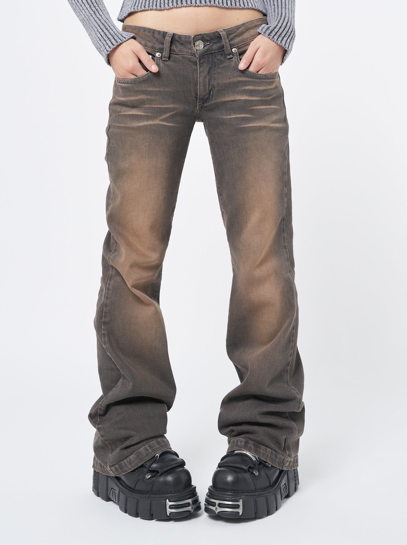 Low rise flare jeans with overdye wash in brown 