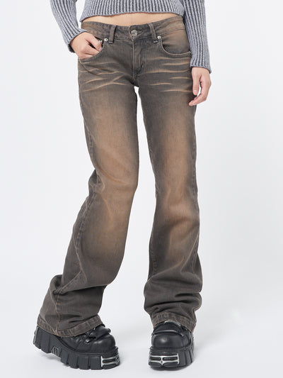 Low rise flare jeans with overdye wash in brown 