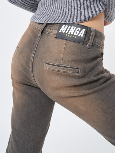 Low rise flare jeans with overdye wash in brown 