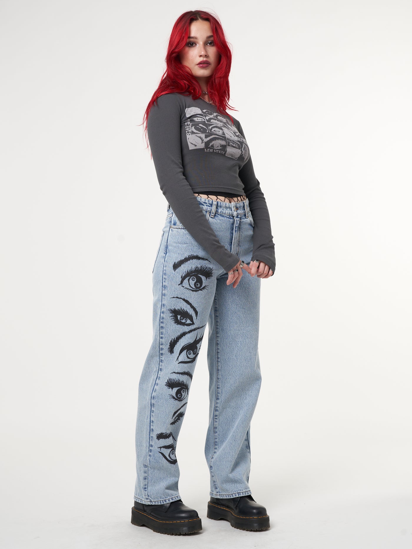 Long sleeve crop top in grey with Lex Yeux eyes graphic front print and thumbhole cuffs