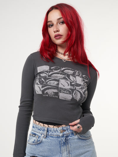 Long sleeve crop top in grey with Lex Yeux eyes graphic front print and thumbhole cuffs
