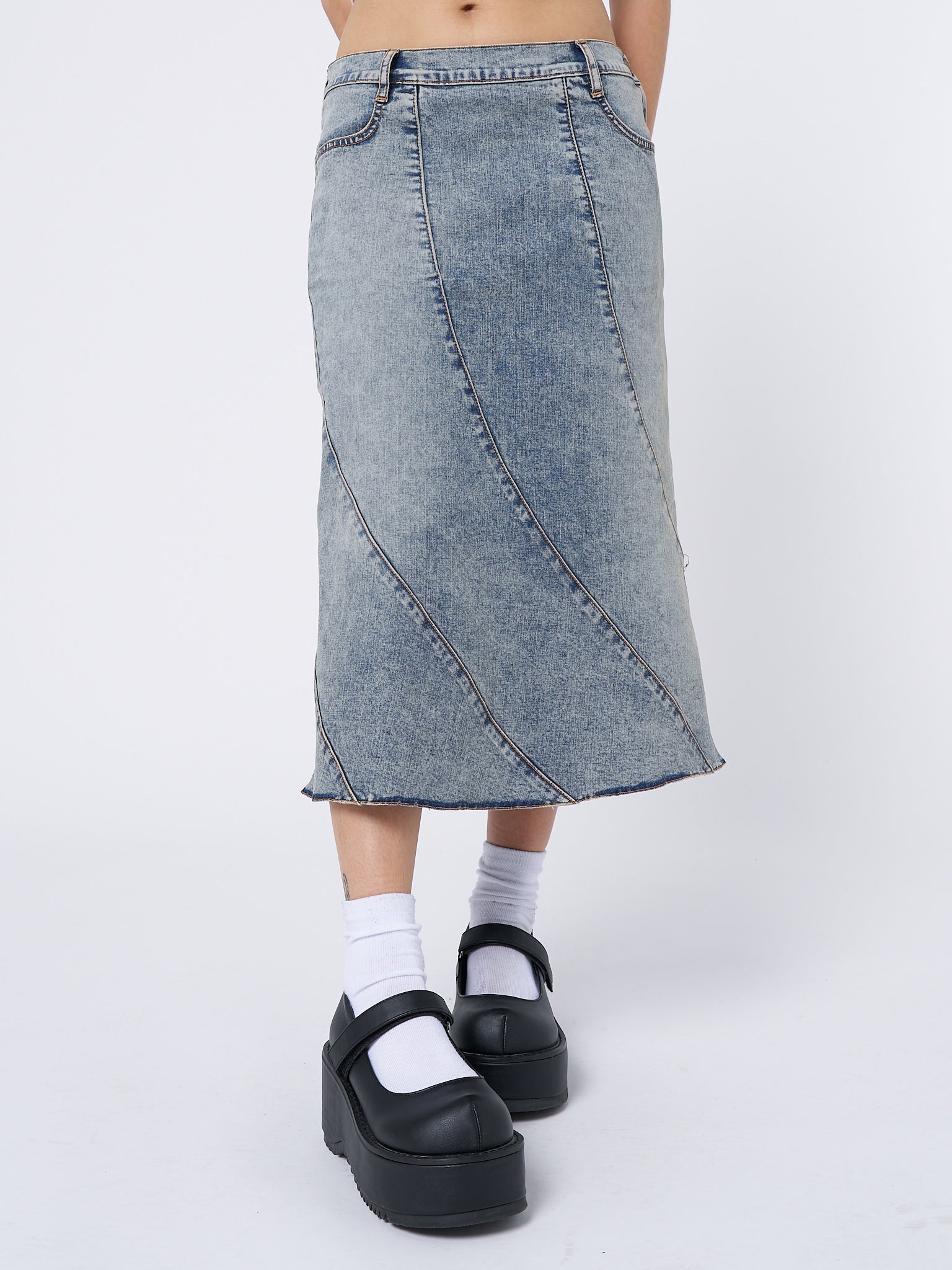 Lizzie Flared Denim Maxi Skirt - Stylish and versatile denim skirt for women. Flattering flared silhouette with a trendy maxi length. 