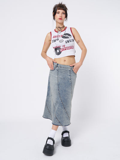 Lizzie Flared Denim Maxi Skirt - Stylish and versatile denim skirt for women. Flattering flared silhouette with a trendy maxi length. 